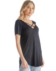 Womens V Neck Criss Cross Neckline T Shirt Tunic Top