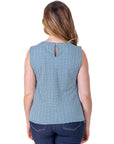Womens Blue Print Pleated Crew Neckline Back Closure Sleeveless Top