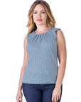 Womens Blue Print Pleated Crew Neckline Back Closure Sleeveless Top