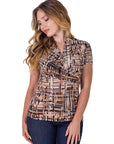 Womens Brown Print Short Sleeve V Neck Wrap Top