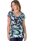 Cap Sleeve Green Butterfly Print Ruffle V Neck Womens Top