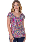 Cap Sleeve Pink Paisley Print Ruffle V Neck Womens Top