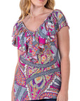 Cap Sleeve Pink Paisley Print Ruffle V Neck Womens Top