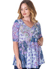 Purple Paisley Print Elbow Sleeve V Neck Henley Tunic Top