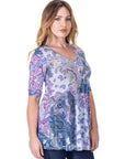 Purple Paisley Print Elbow Sleeve V Neck Henley Tunic Top