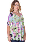 Pastel Color Floral Elbow Sleeve V Neck Henley Tunic Top
