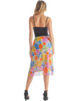 Colorful Spring Floral Sheer Overlay Elastic Waist Knee Length Skirt