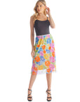Colorful Spring Floral Sheer Overlay Elastic Waist Knee Length Skirt