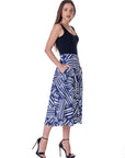 Womens Navy Geometric Print Pleated Midi Skirt With Pockets