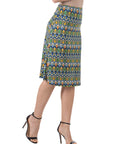 Green Geometric Elastic Waist Knee Length Skirt