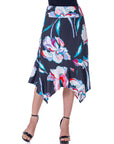 Womens Elastic Waist Floral Knee Length Handkerchief Hemline Skirt