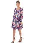 Floral Purple Long Sleeve Knee Length Dress