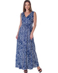 Womens Navy Abstract Print V Neck Empire Waist Sleeveless Maxi Dress