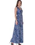 Womens Navy Abstract Print V Neck Empire Waist Sleeveless Maxi Dress