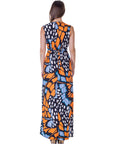 Womens Orange Butterfly Print V Neck Tie Back Empire Waist Sleeveless Maxi Dress