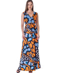 Womens Orange Butterfly Print V Neck Tie Back Empire Waist Sleeveless Maxi Dress