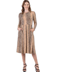 Animal Print Long Sleeve Pleated Midi Dress with Pockets