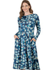 Blue Brushstroke Print Long Sleeve Pleated Midi Dress with Pockets