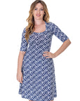 Womens Navy Geometric Print Knee Length Elbow Sleeve Dress