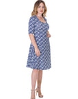 Womens Navy Geometric Print Knee Length Elbow Sleeve Dress