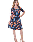 Womens Black Floral Print Elbow Sleeve Knee Length Dress