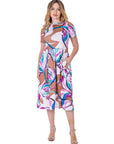 Womens Abstract Floral Short Sleeve Pleated Flare Midi Pocket Dress
