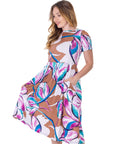 Womens Abstract Floral Short Sleeve Pleated Flare Midi Pocket Dress