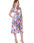 Womens Abstract Floral Short Sleeve Pleated Flare Midi Pocket Dress