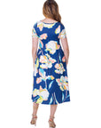 Womens Blue Floral Short Sleeve Pleated Flare Midi Pocket Dress