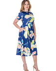Womens Blue Floral Short Sleeve Pleated Flare Midi Pocket Dress