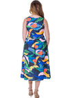 Womens Midi Length Multicolor Sleeveless Pleated Pocket Dress