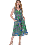 Womens Midi Length Green Scarf Print Sleeveless Pleated Pocket Dress