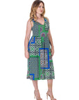 Womens Midi Length Green Scarf Print Sleeveless Pleated Pocket Dress