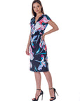 Black Floral Knee Length Short Sleeve Faux Wrap Dress