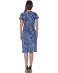 Navy Geometric Print Knee Length Short Sleeve Faux Wrap Dress