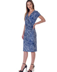 Navy Geometric Print Knee Length Short Sleeve Faux Wrap Dress