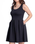 Sleeveless Pleated Skater Dress with Pockets