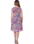 Pink Paisley Print Sleeveless Pleated Knee Length Pocket Dress