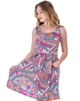 Pink Paisley Print Sleeveless Pleated Knee Length Pocket Dress