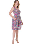 Pink Paisley Print Sleeveless Pleated Knee Length Pocket Dress