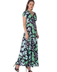 Butterfly Print V Neck Empire Waist Kimono Cap Sleeve Maxi Dress