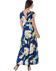 Womens Navy Floral Print V Neck Empire Waist Kimono Cap Sleeve Maxi Dress