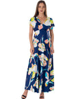 Womens Navy Floral Print V Neck Empire Waist Kimono Cap Sleeve Maxi Dress