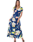 Womens Navy Floral Print V Neck Empire Waist Kimono Cap Sleeve Maxi Dress