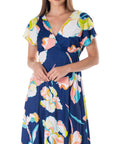 Womens Navy Floral Print V Neck Empire Waist Kimono Cap Sleeve Maxi Dress
