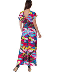 Womens Floral Print V Neck Empire Waist Kimono Cap Sleeve Maxi Dress