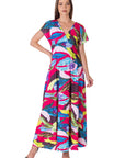 Womens Floral Print V Neck Empire Waist Kimono Cap Sleeve Maxi Dress
