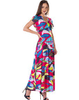 Womens Floral Print V Neck Empire Waist Kimono Cap Sleeve Maxi Dress