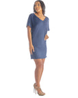 Solid Color Loose Fit V Neck T Shirt Style Womens Knee Length Dress