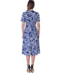 Womens Navy and White Short Sleeve Tie Waist Midi Dress